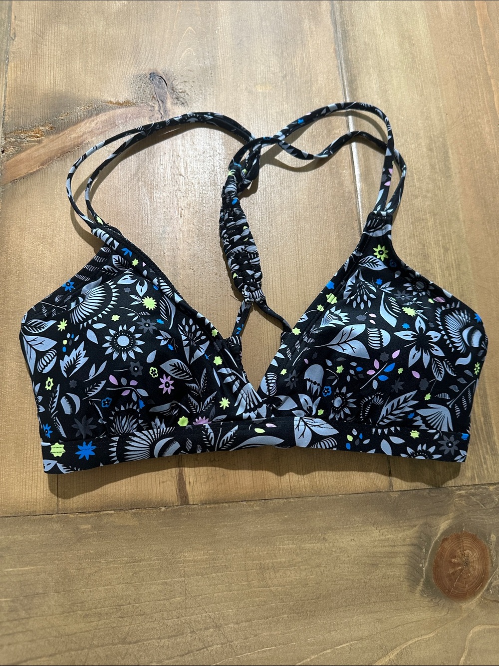 Title Nine Black Floral Bralette Bikini Top with Multicolor Accents